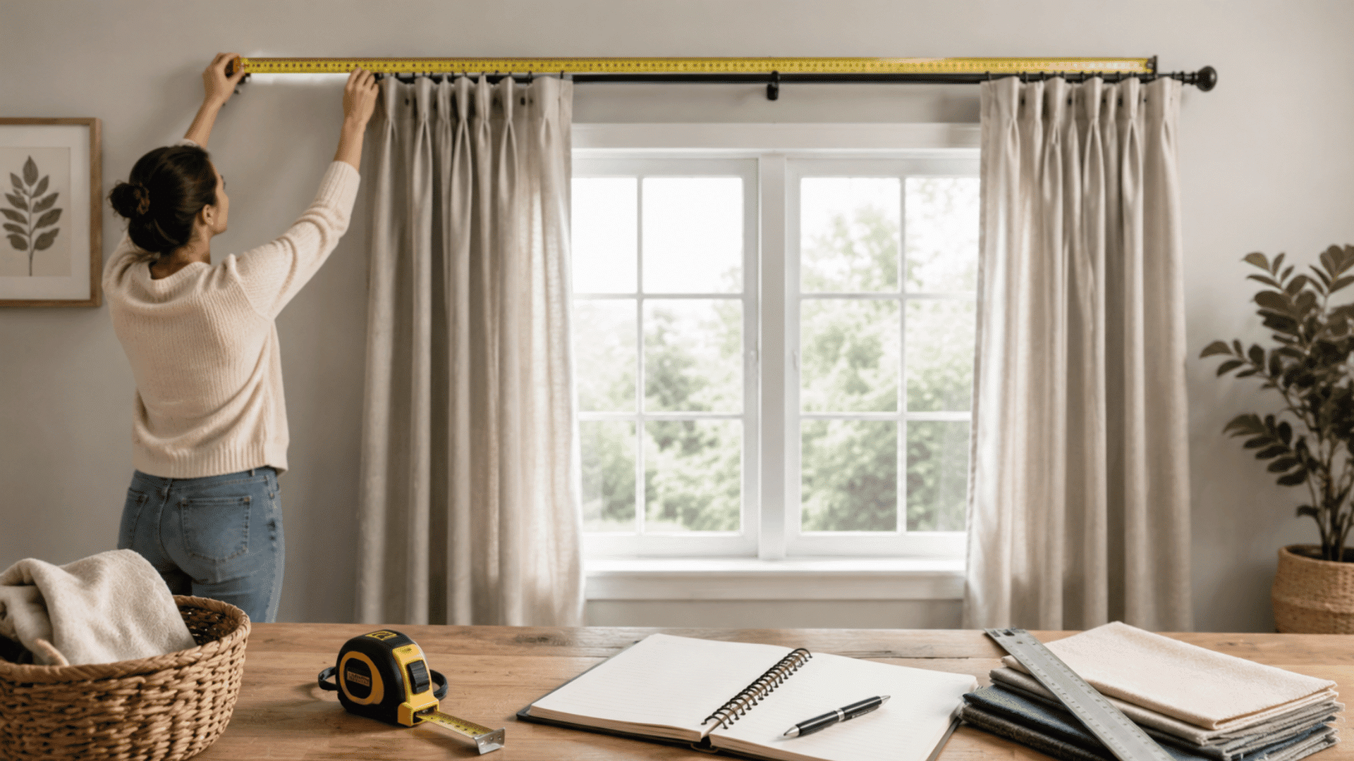 woman measuring curtain rod width with tape measure above window while installing beige curtains in a cozy room interior