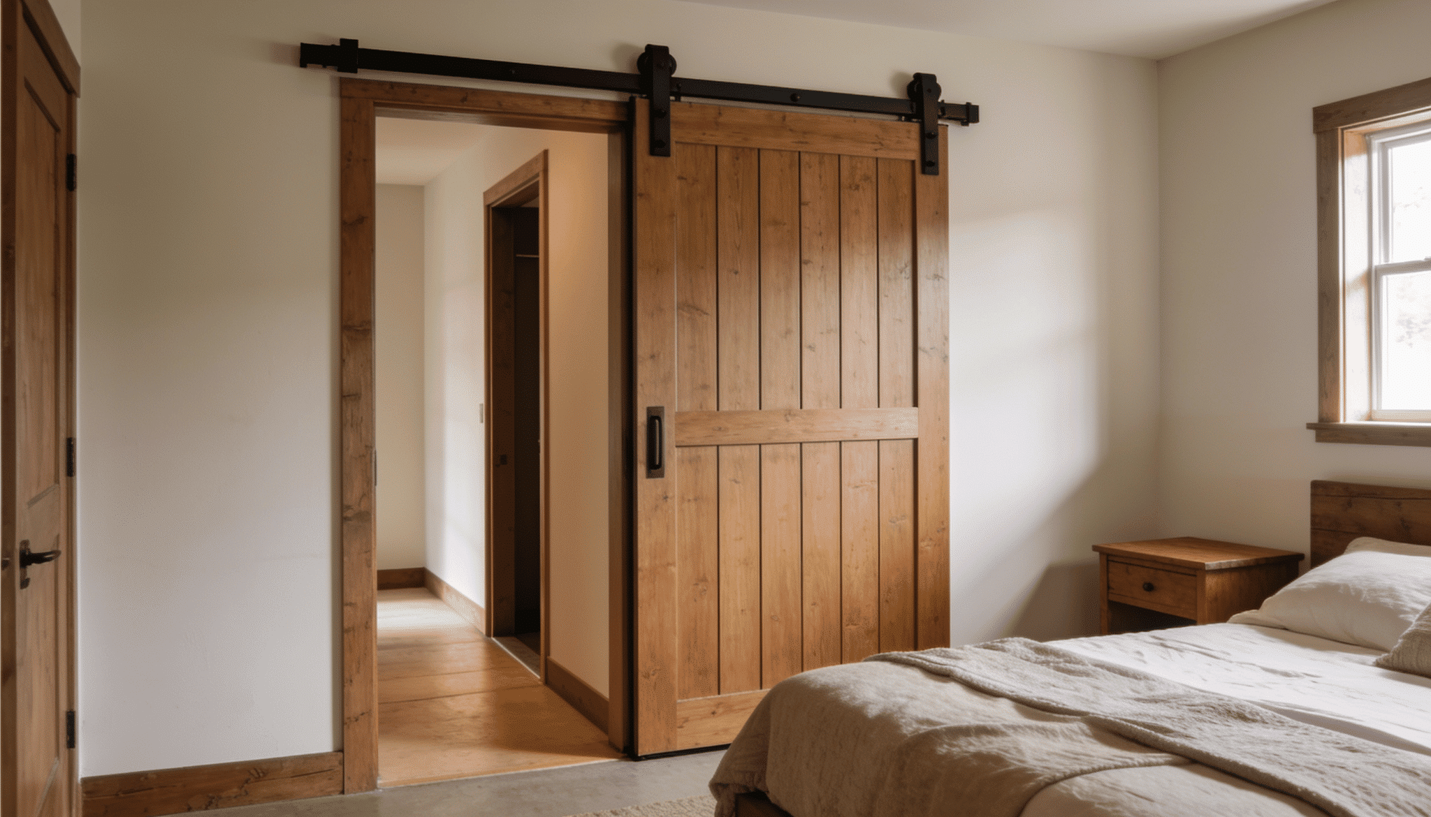 wooden sliding barn door closet with black metal track in a cozy modern rustic bedroom next to a bed with linen bedding