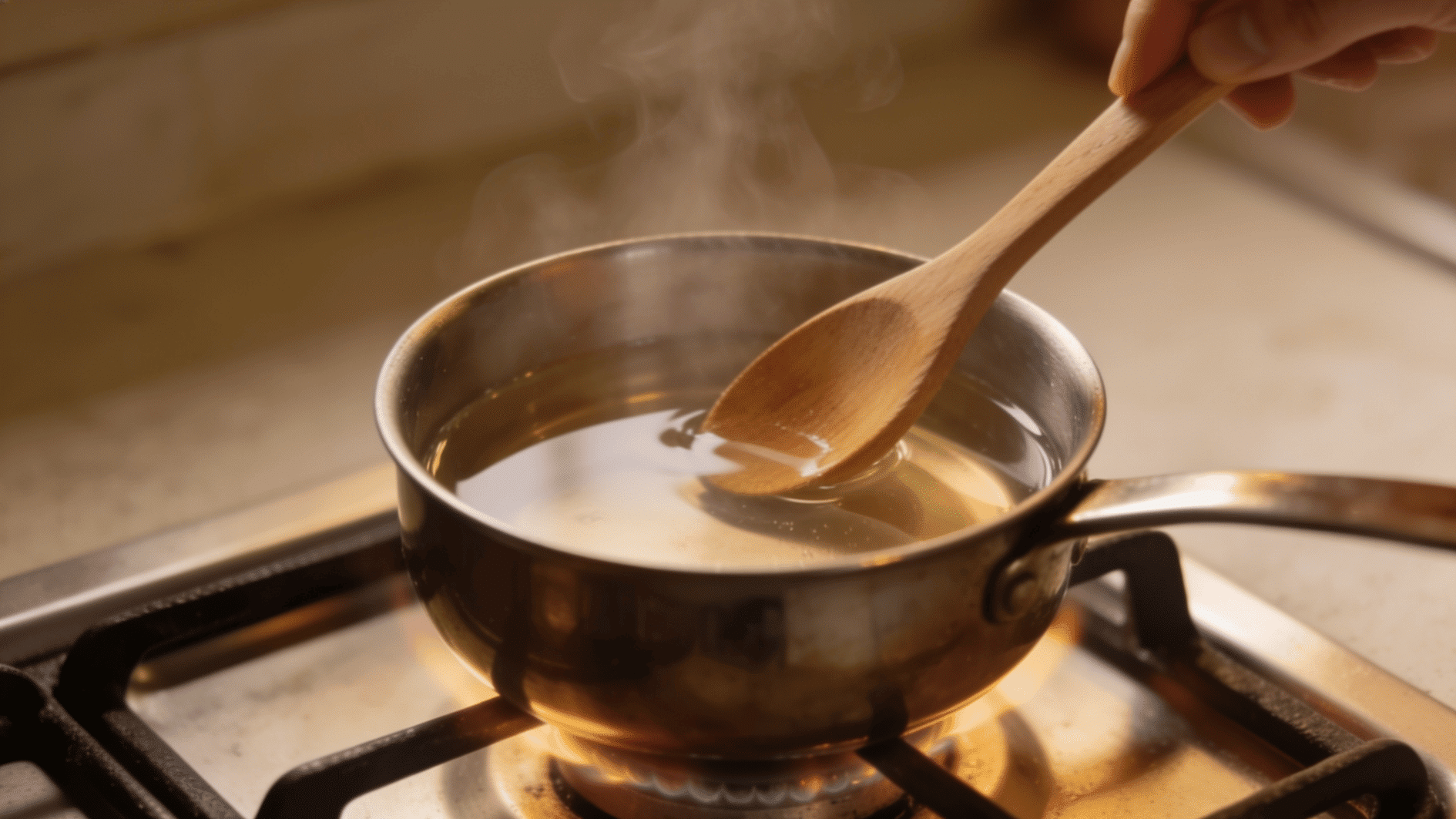 wooden spoon stirring clear simple syrup in a saucepan over low heat as gentle steam rises in the home kitchen