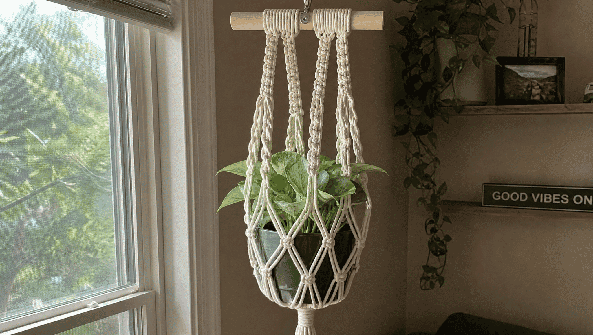 wooden stick macrame plant hanger with hanging green plant in a natural home decor setting