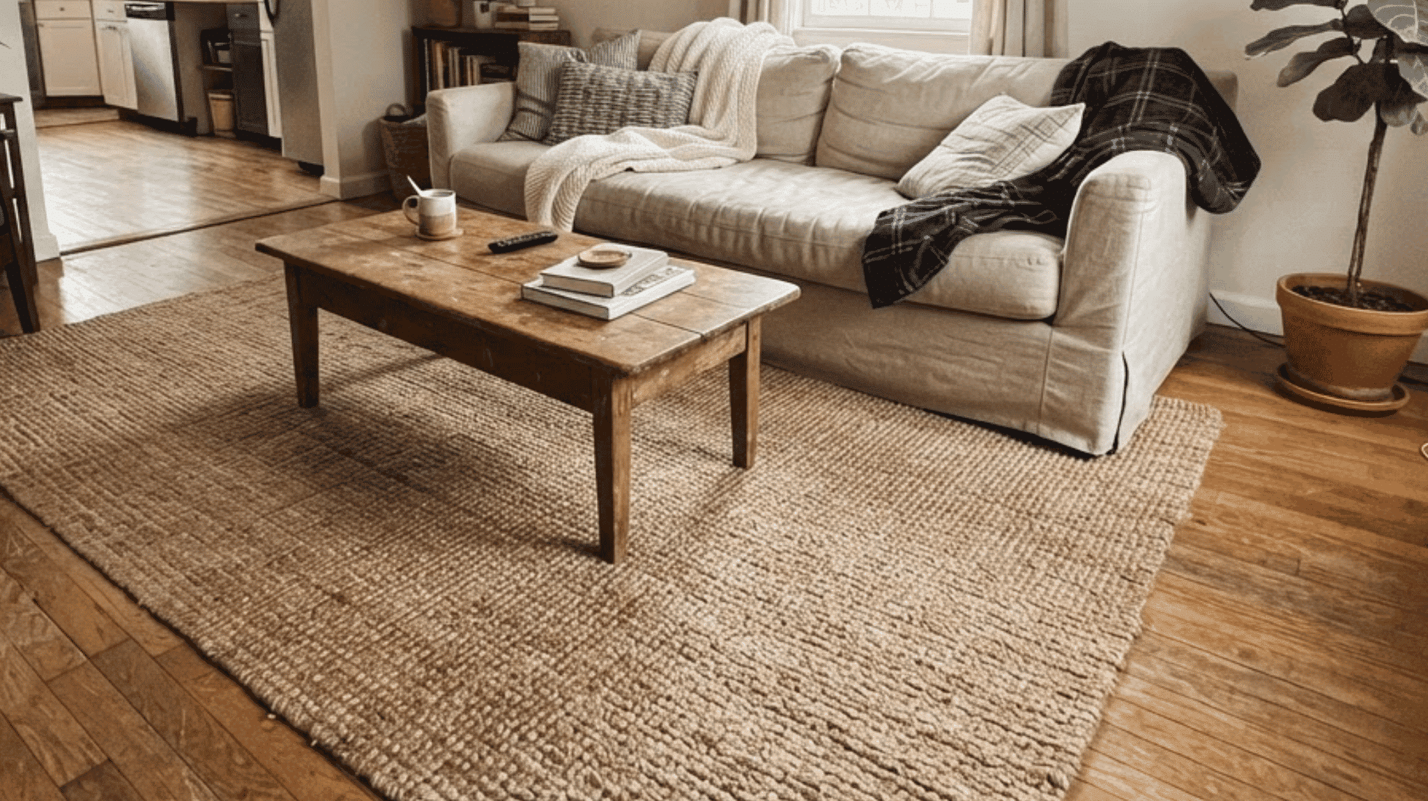 woven jute rug under neutral furniture in a cozy transitional home (2)