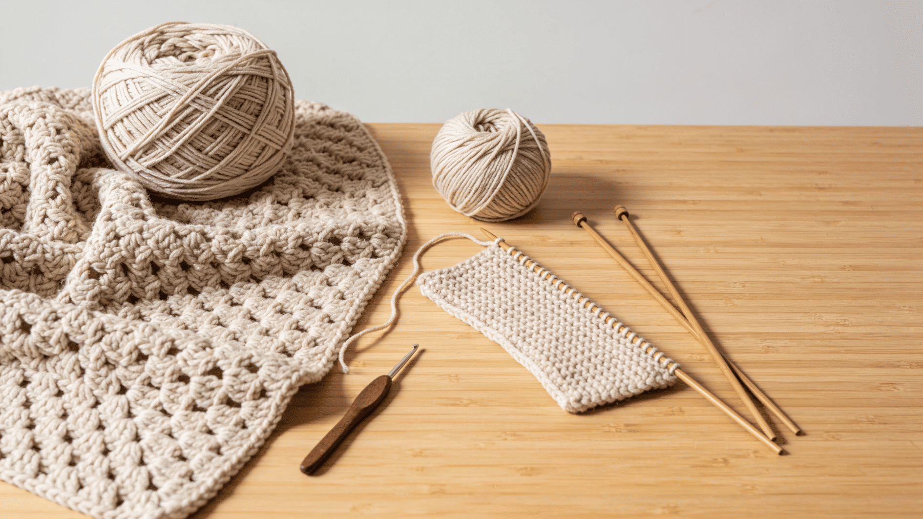 yarn consumption showing a larger pile of yarn beside a crochet project and a smaller yarn amount beside a knitted fabric piece, crochet hook