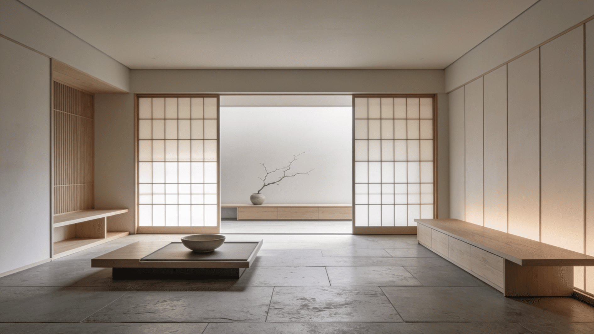 zen living room with minimal furniture soft lighting neutral tones and calm balanced uncluttered peaceful design