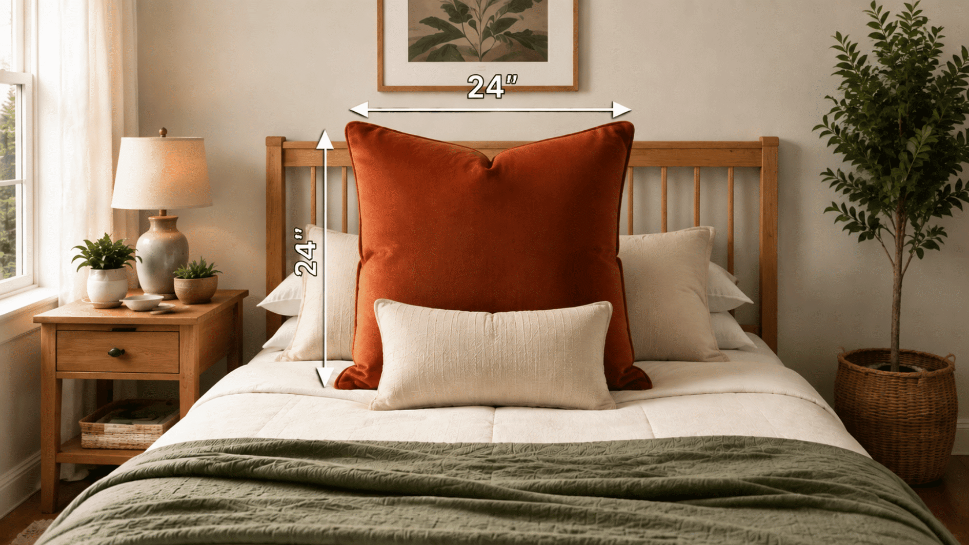 24 x 24 inch euro pillow on a compact bed with measurement arrows showing its square dimensions