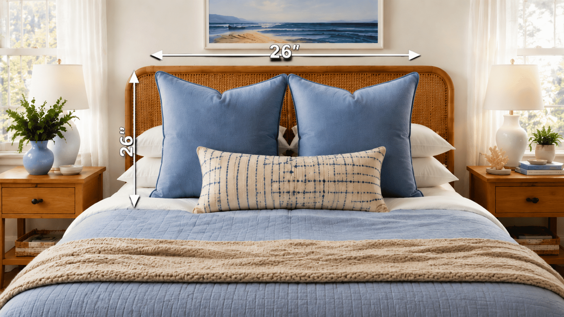 26 x 26 inch euro pillows styled on a bed with measurement arrows showing the standard euro pillow size
