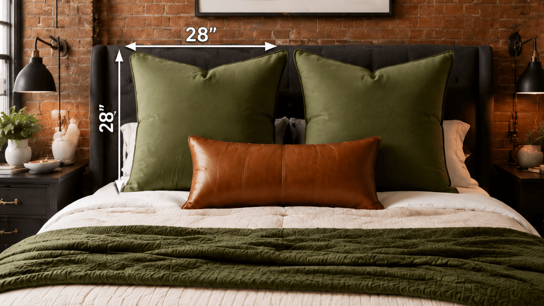 28 x 28 inch euro pillows arranged on a large bed with measurement arrows showing their oversized dimensions