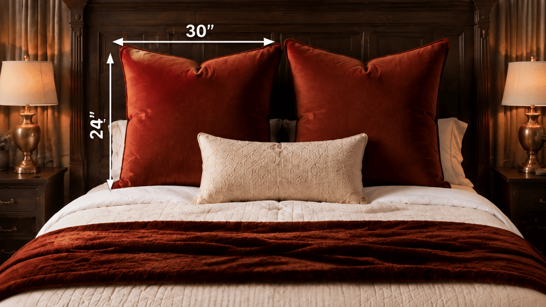 30 x 30 inch euro pillows styled on a large bed with measurement arrows showing their oversized square dimensions