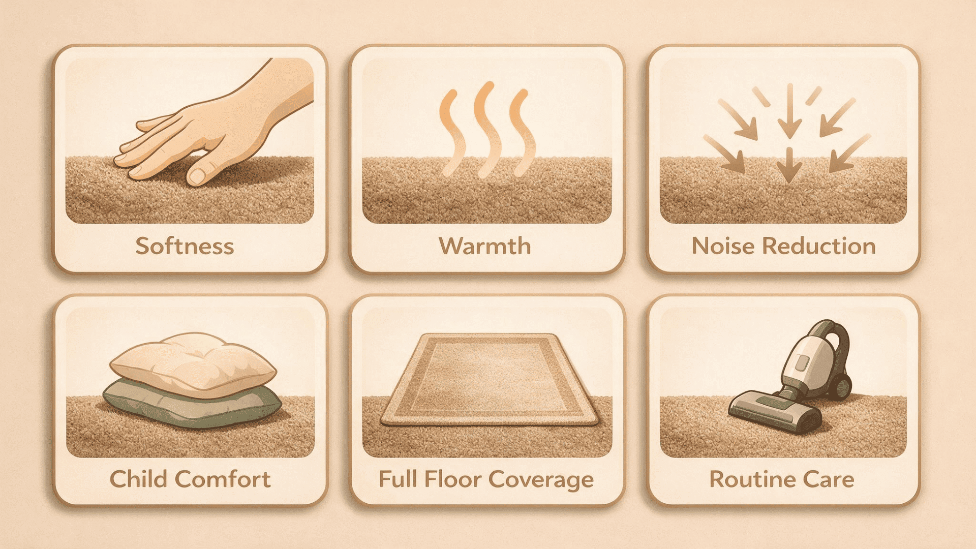 a carpet benefits infographic showing softness warmth noise control child comfort full coverage and routine care