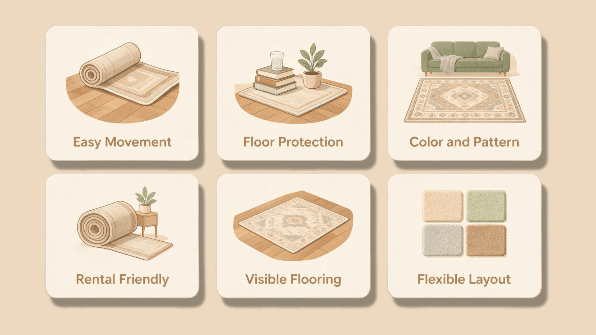 a rug benefits infographic showing easy movement floor protection patterns rental use visible floors and layouts