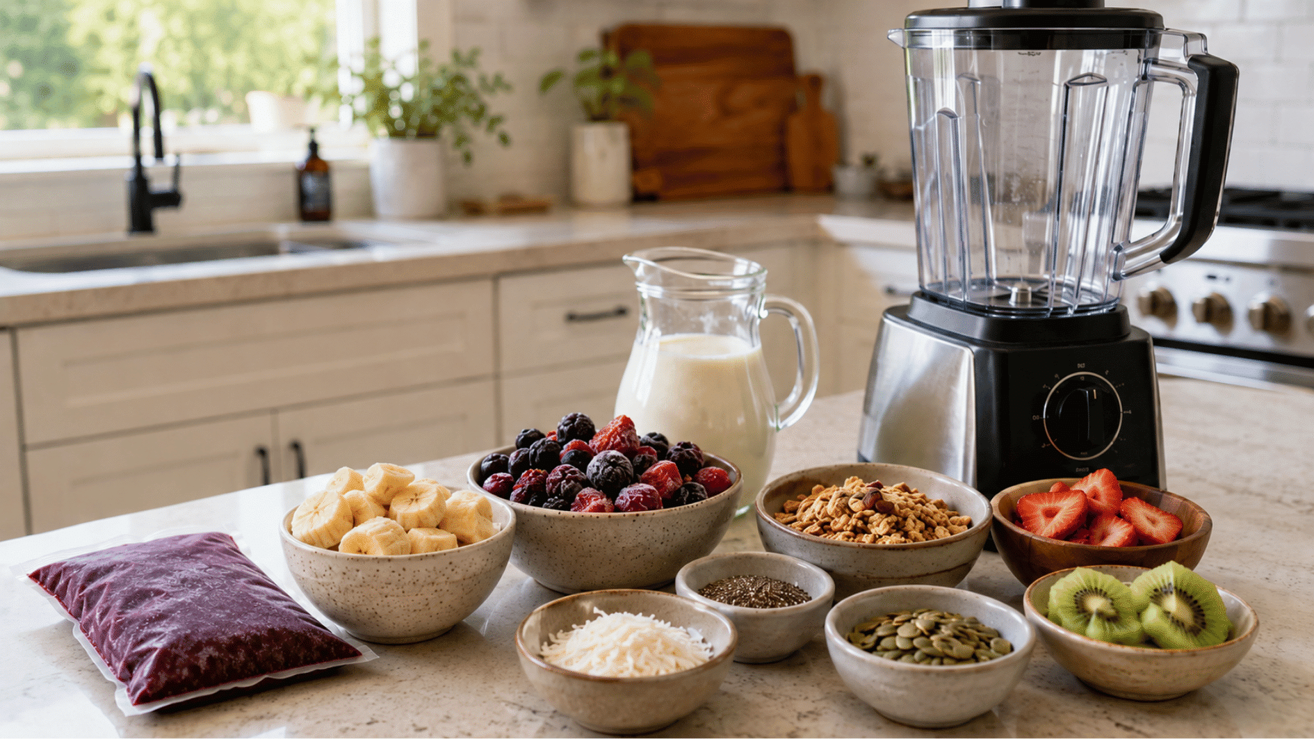 acai bowl ingredients with frozen berries banana toppings and blender arranged on kitchen counter