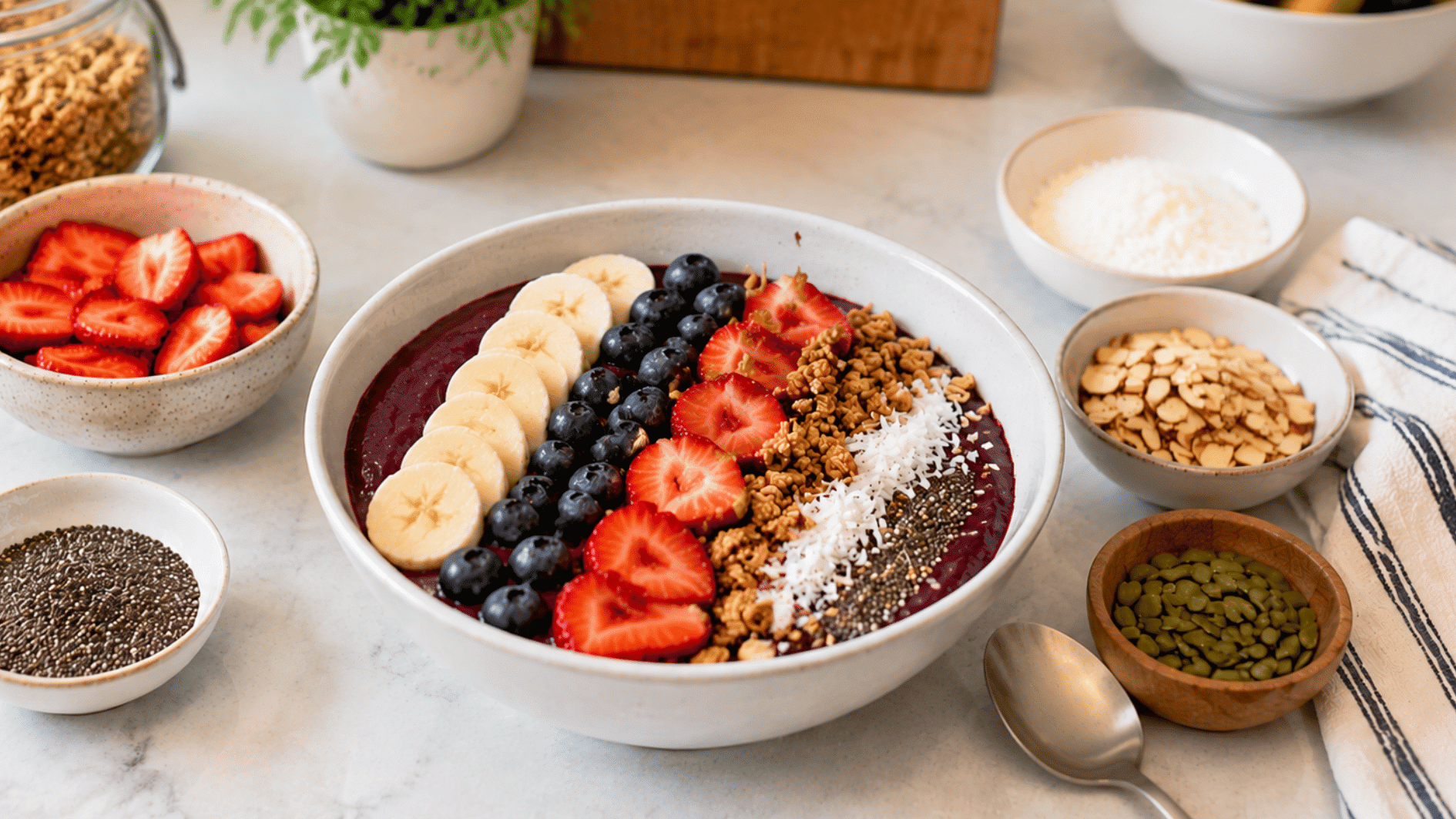 acai bowl with banana strawberries blueberries granola coconut and seeds served with topping bowls