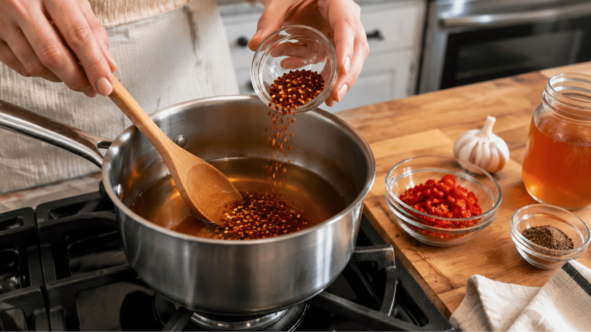 adding red pepper flakes to warm honey in a saucepan for spicy hot honey