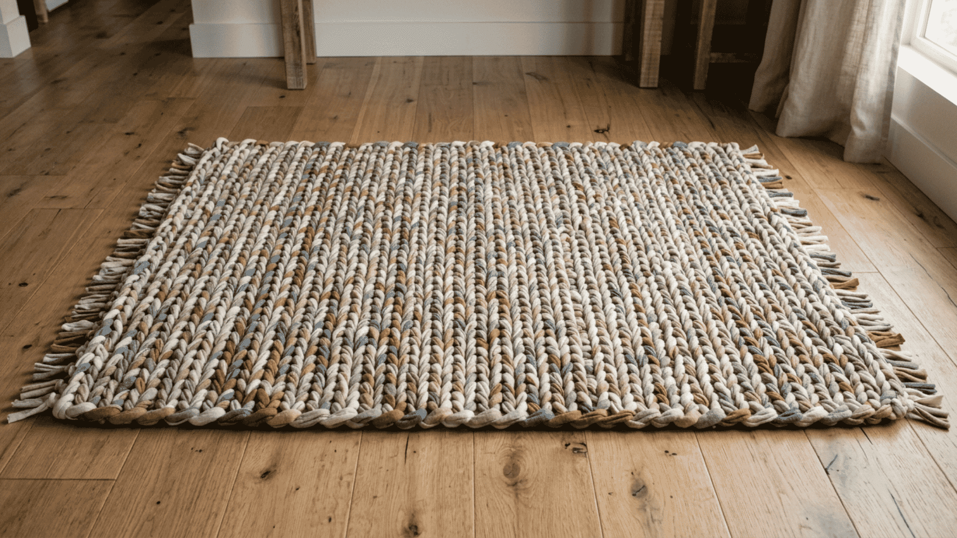 arm knitted rag rug with thick fabric loops in calm colors resting flat on clean wooden floor in soft daylight