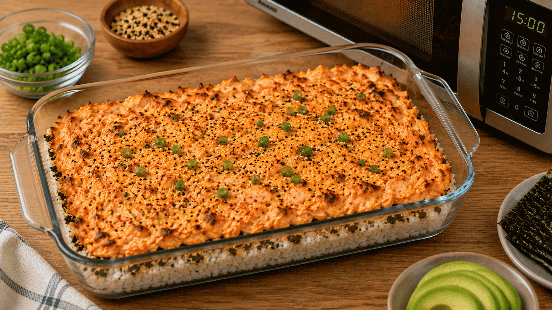 baked sushi bake in a glass baking dish with a lightly golden top resting beside a countertop oven before serving