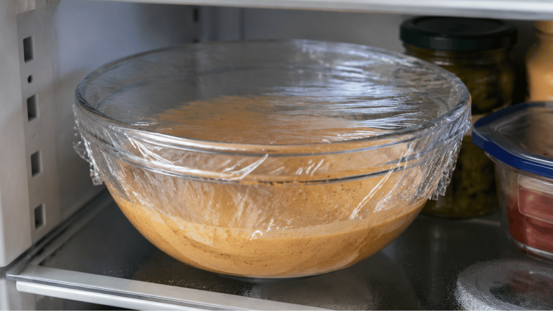 big mac sauce in a covered glass bowl chilling on a refrigerator shelf