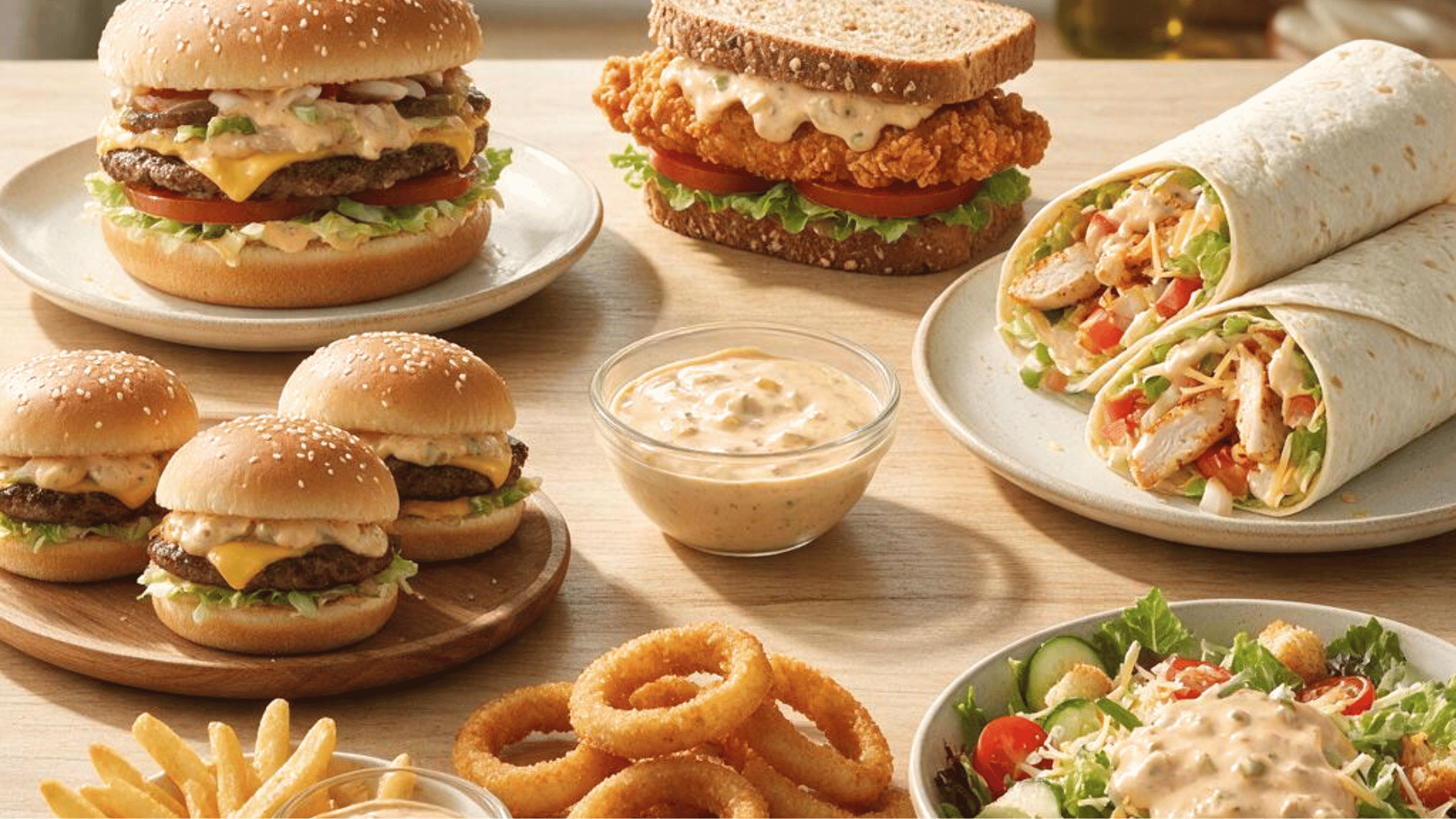big mac sauce served with burgers fries wraps onion rings and salad on a wooden table