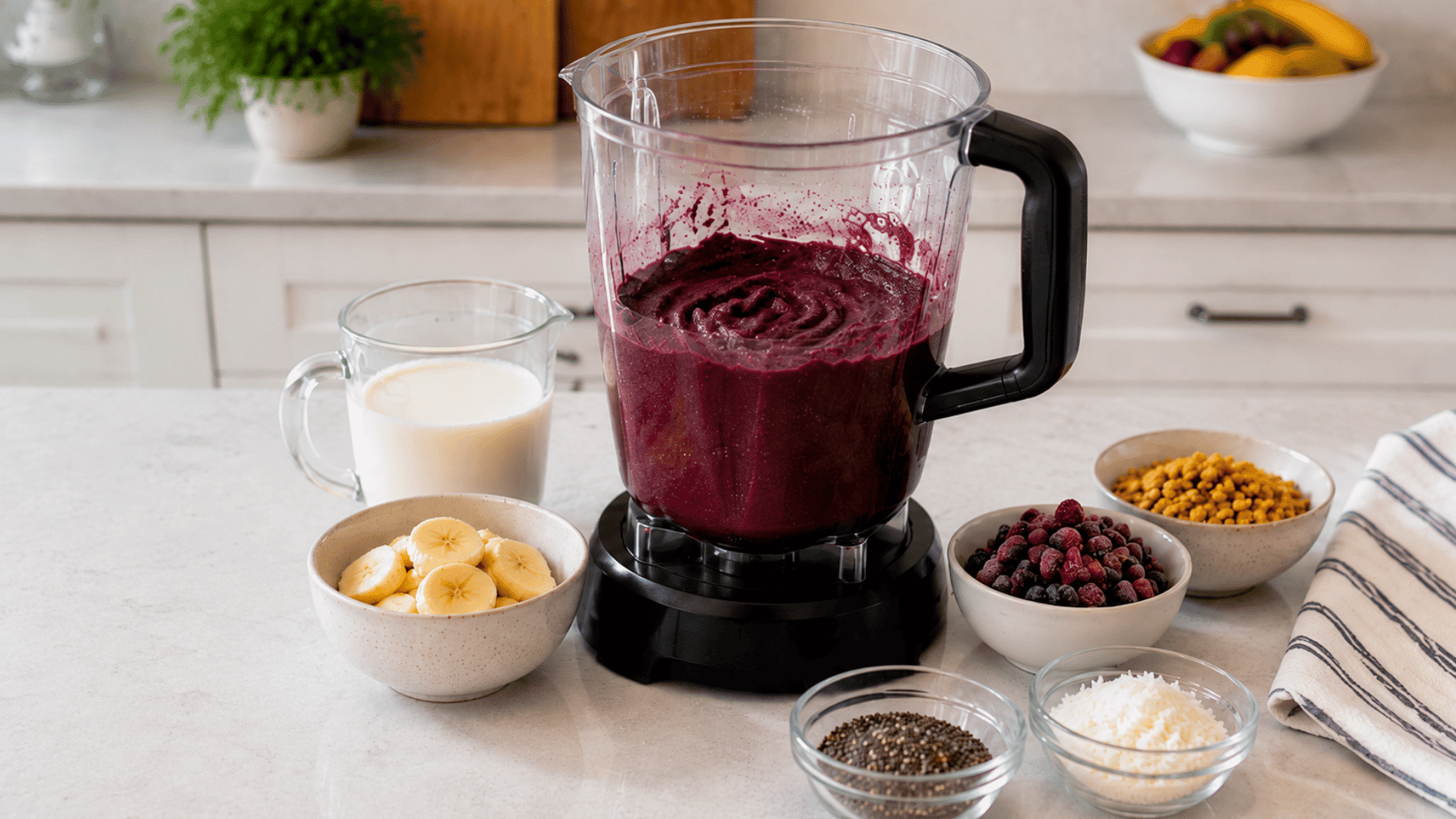 blended acai smoothie base in blender with banana berries and toppings arranged on kitchen counter
