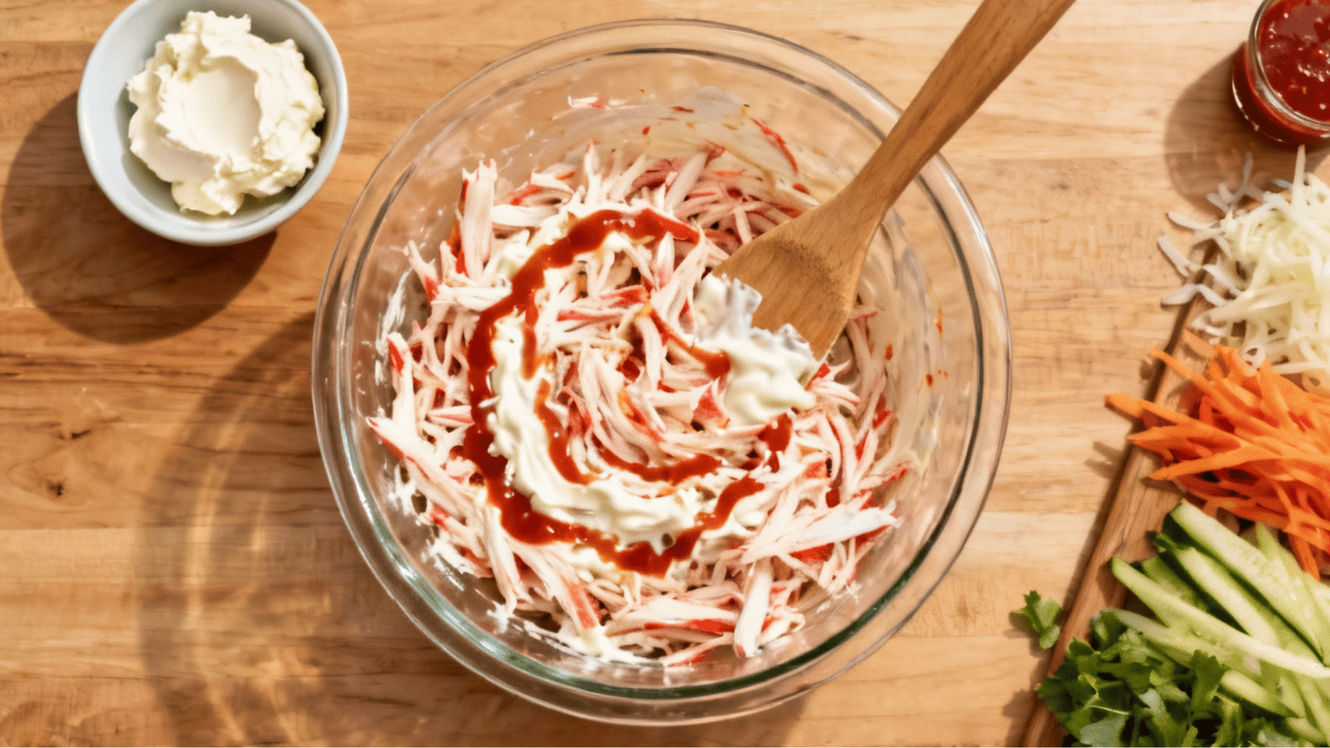 “bowl of shredded crab and mayo mixture with sriracha being mixed on one side of kitchen counter in american home