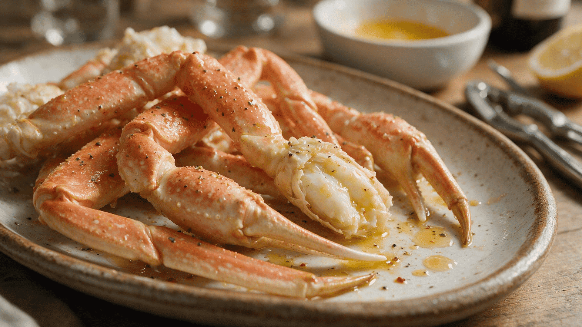 Butter lemon crab legs with parsley on a white plate