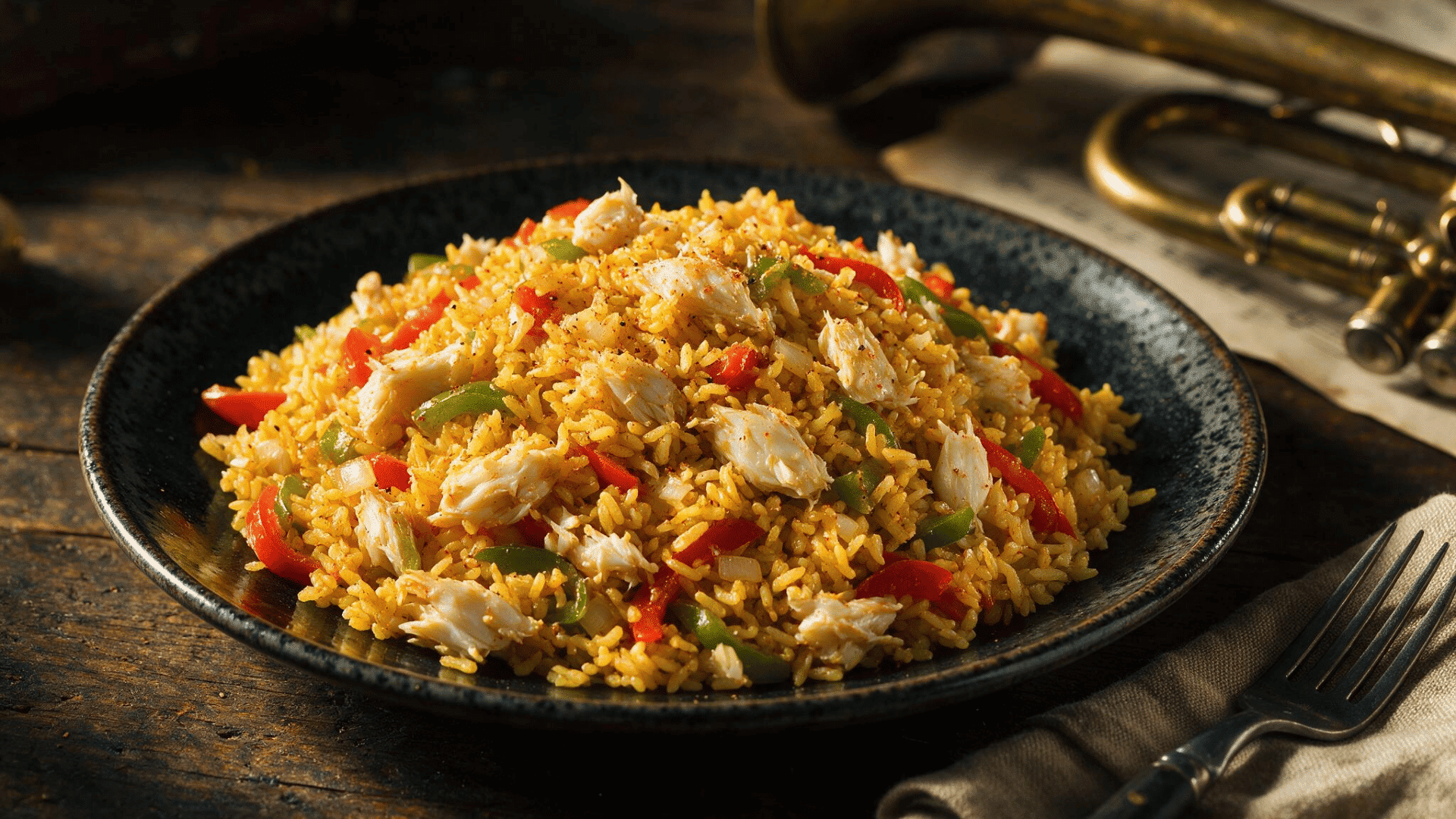 Cajun crab rice bowl with peppers