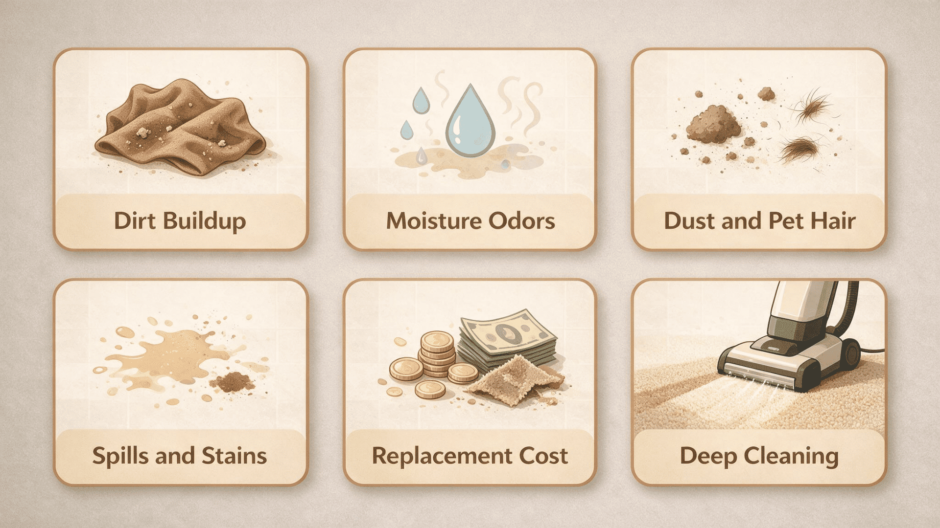 carpet drawback infographic showing dirt buildup odors dust pet hair stains replacement cost and deep cleaning