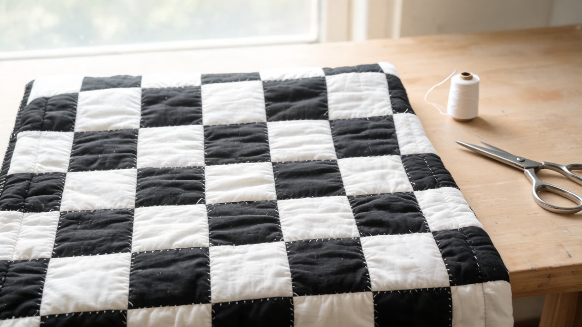 checkerboard quilt with black and white squares arranged in a classic grid pattern