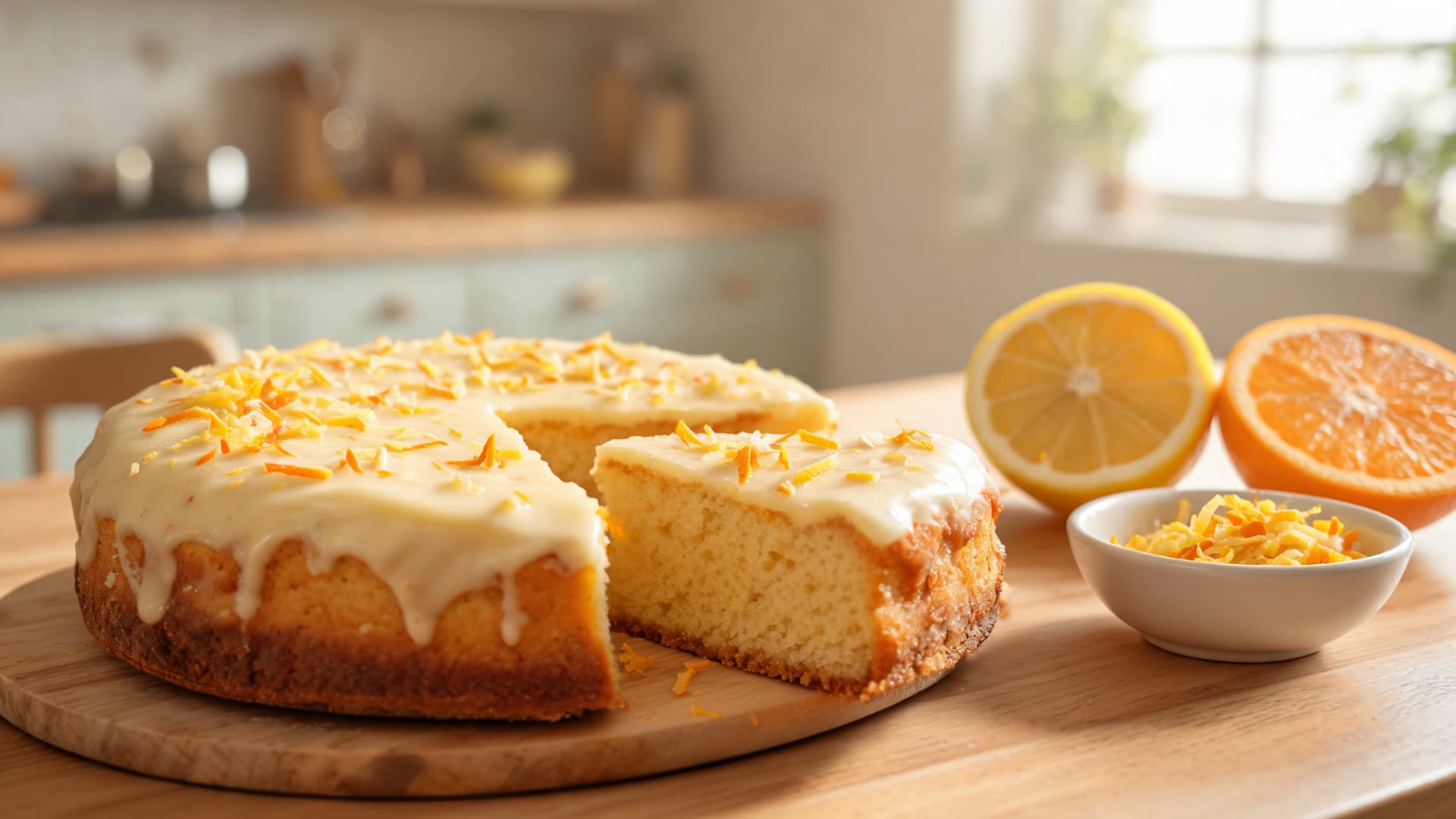 citrus french yogurt cake topped with creamy glaze and zest beside fresh lemon and orange halves