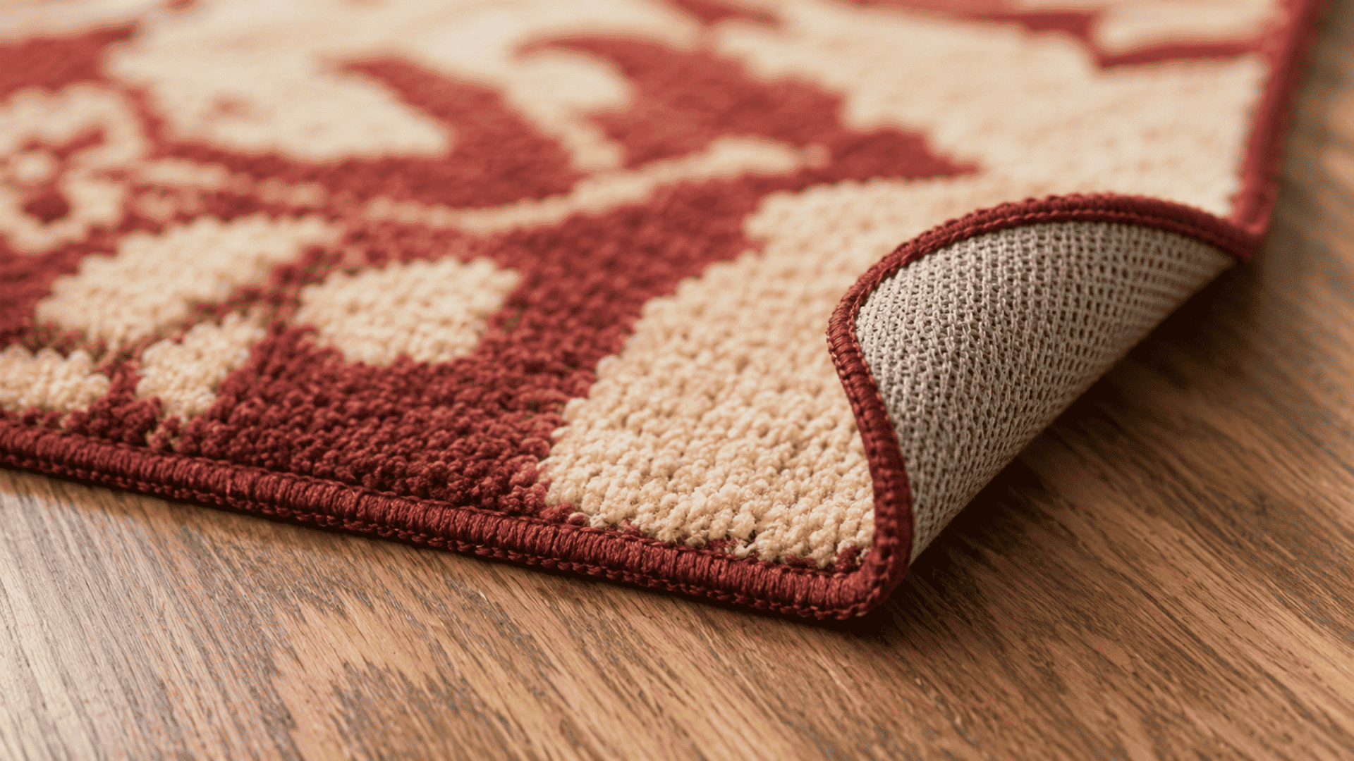 close view of a reddish cream patterned rug corner curling upward on a wooden floor showing rug backing below