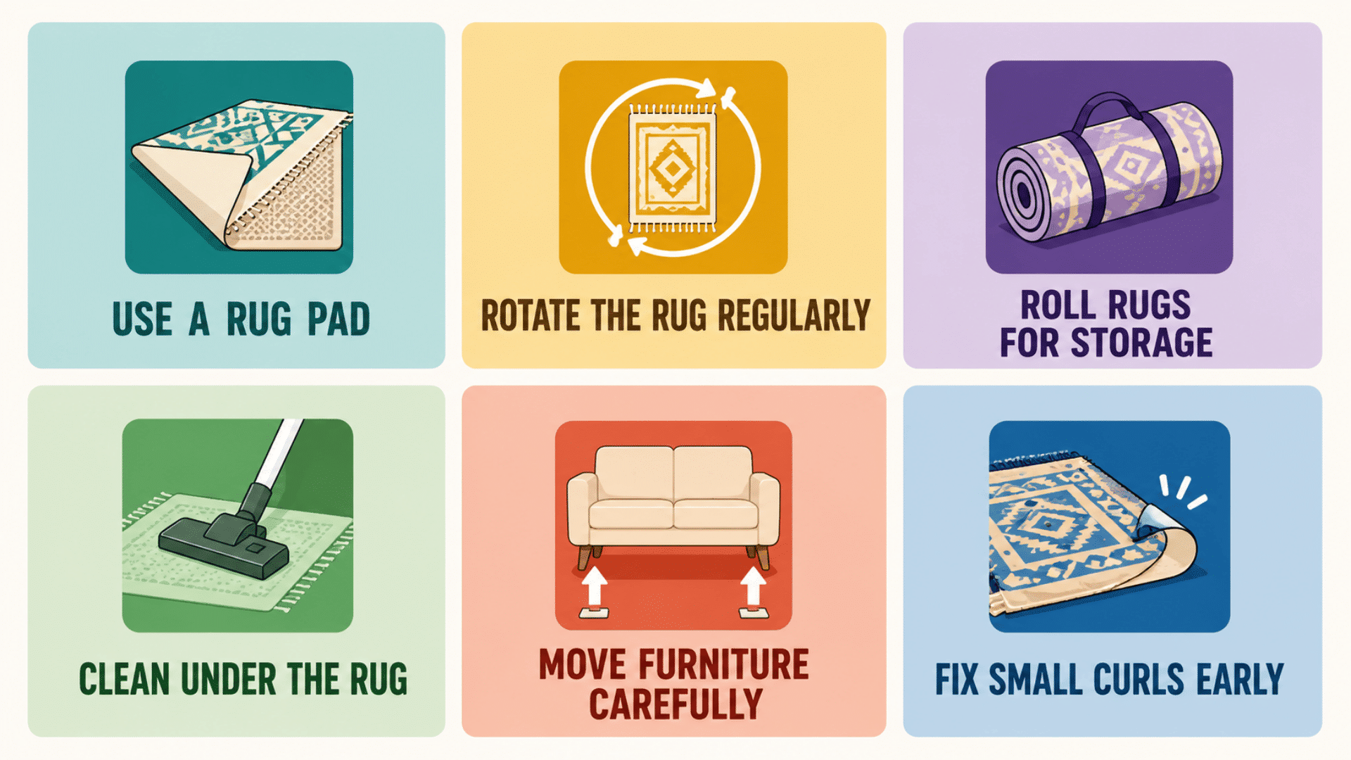 colorful rug care infographic showing six tips for pads rotation storage cleaning furniture and curled edges