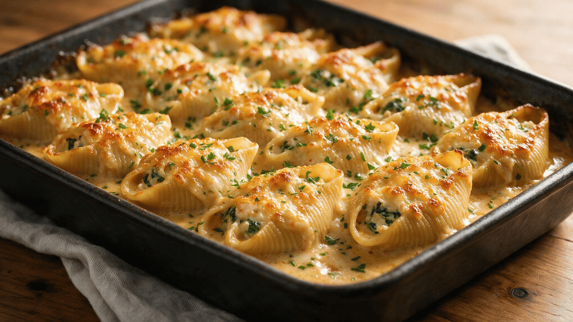 Crab and spinach stuffed shells in a baking dish