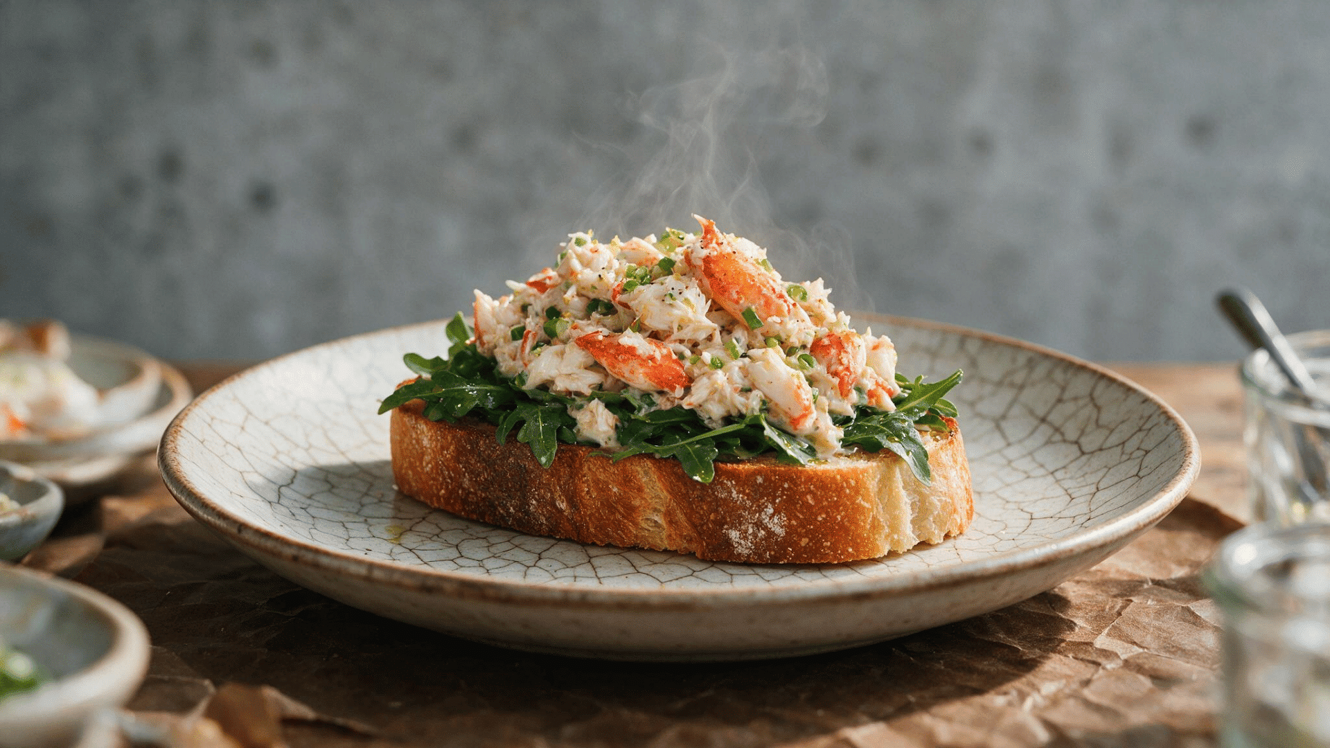 Crab bruschetta with tomatoes and basil on toasted bread