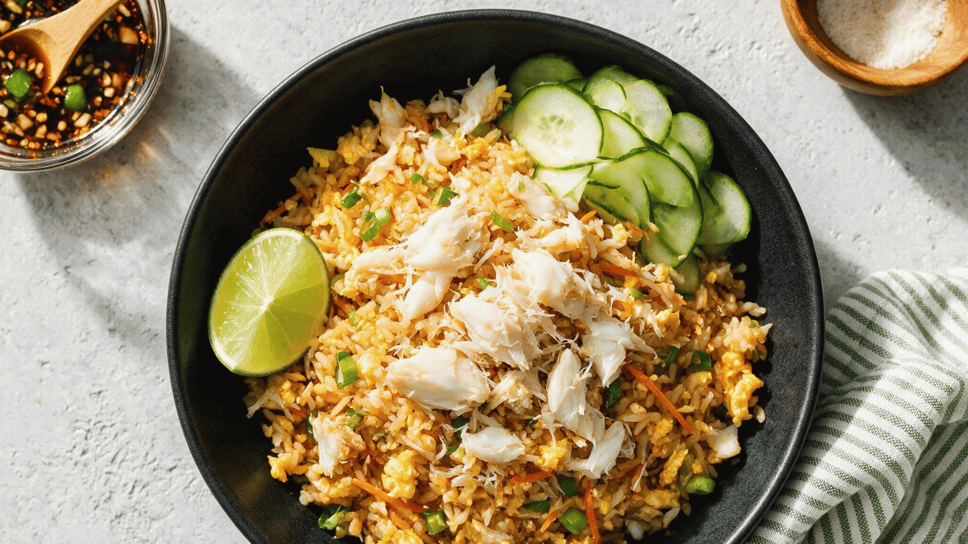 Crab fried rice with lime and cucumber
