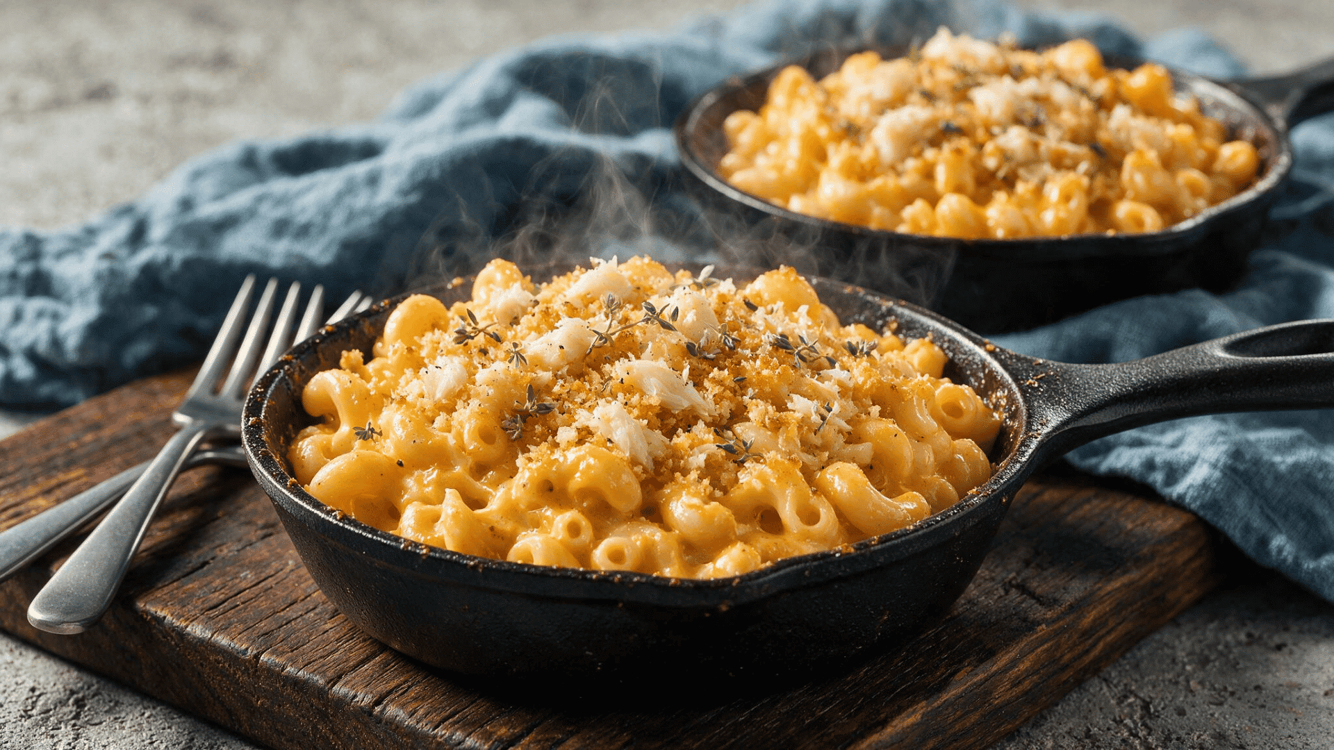 Crab mac and cheese in cast iron skillet