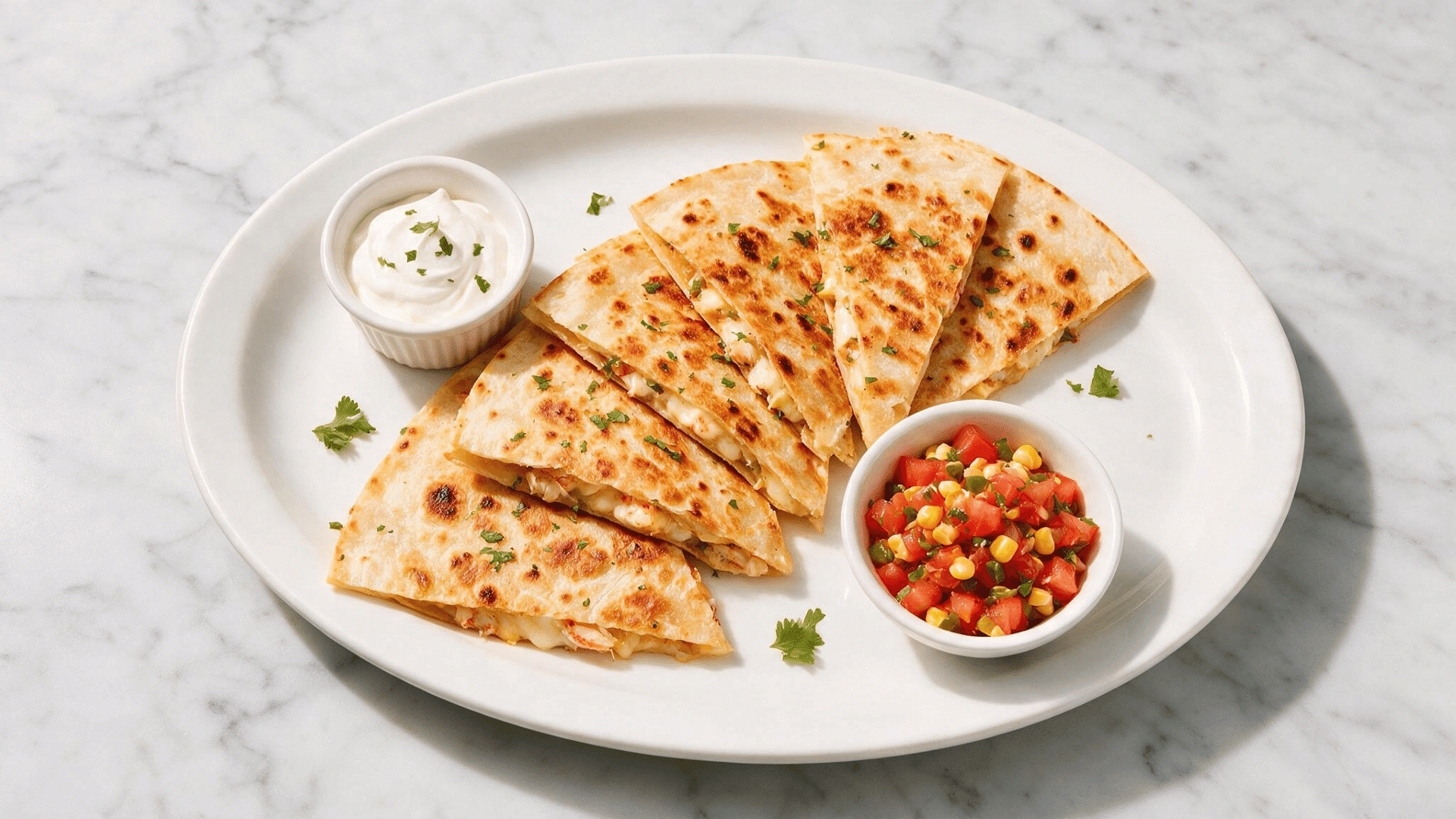 Crab quesadilla with salsa and sour cream