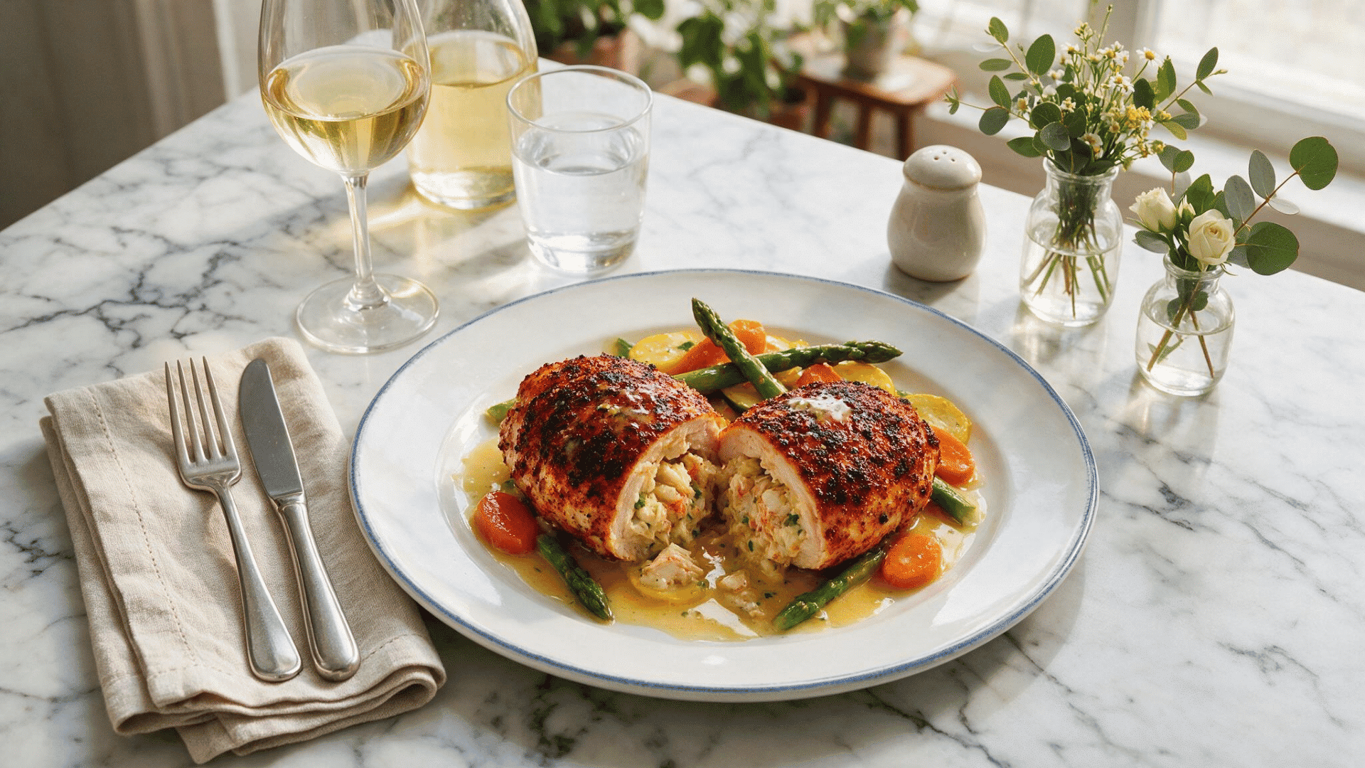 Crab stuffed chicken breast with butter sauce