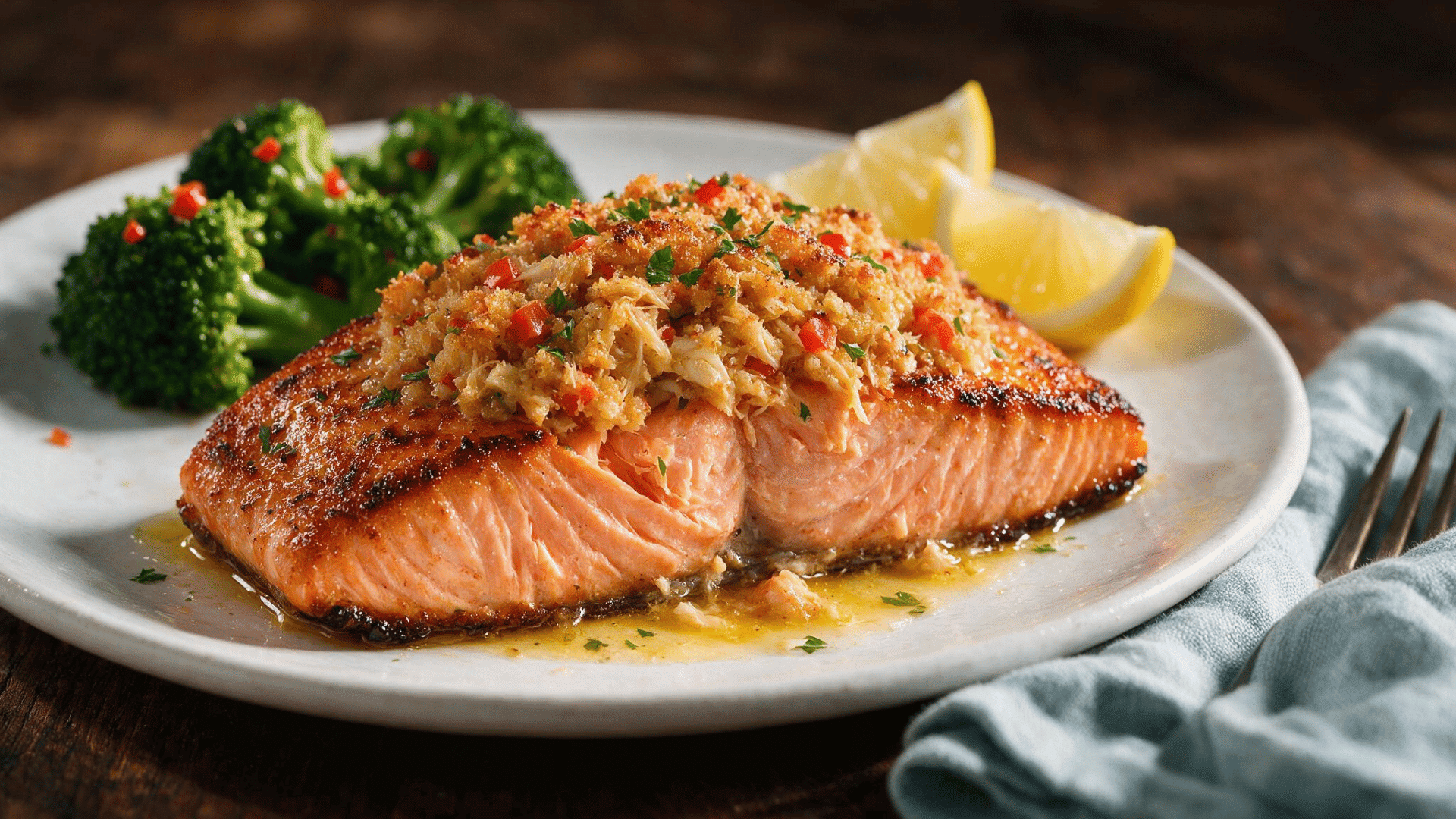 Crab stuffed salmon with broccoli