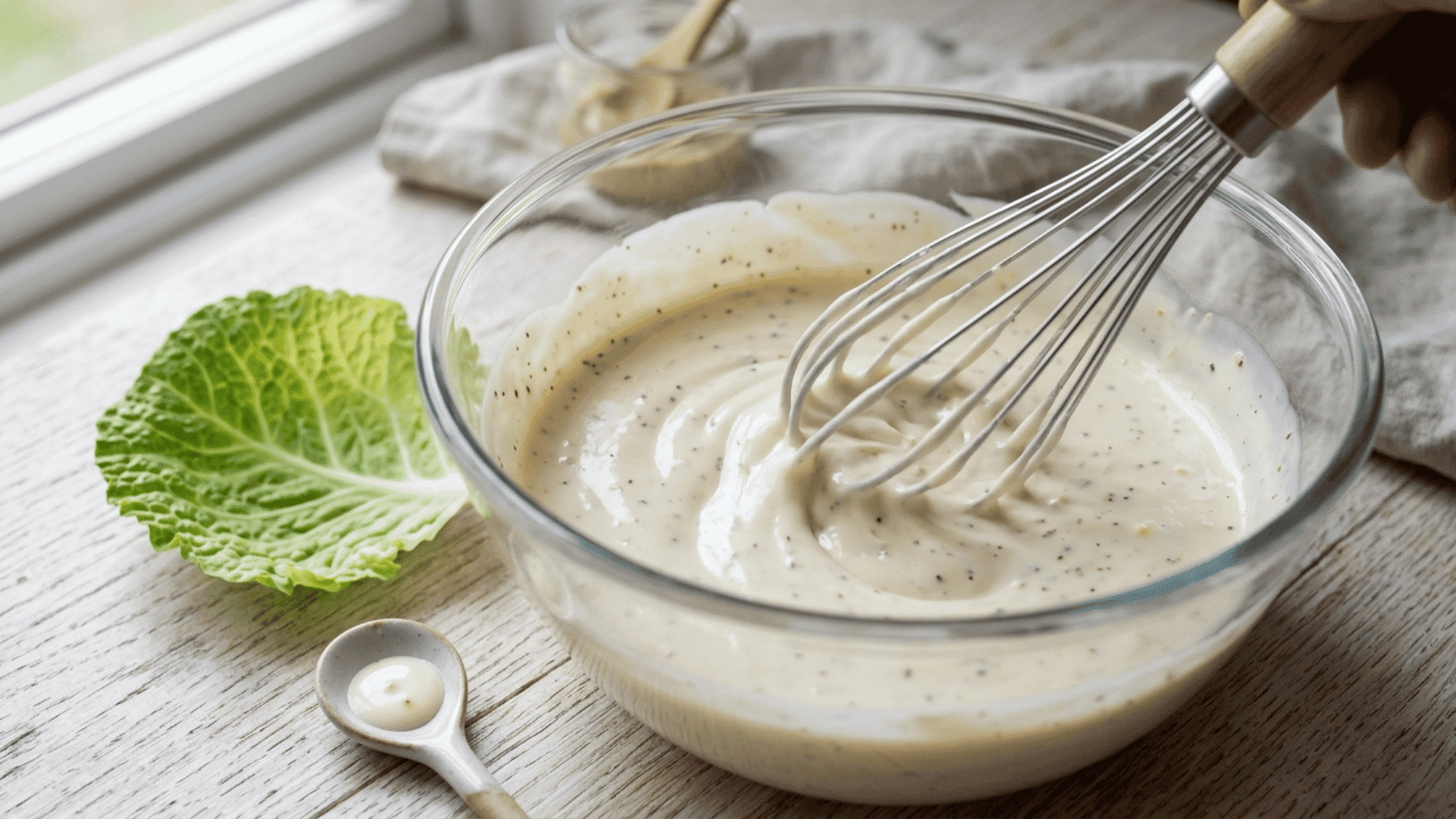 creamy coleslaw dressing whisked in a glass bowl with cabbage and simple ingredients arranged nearby