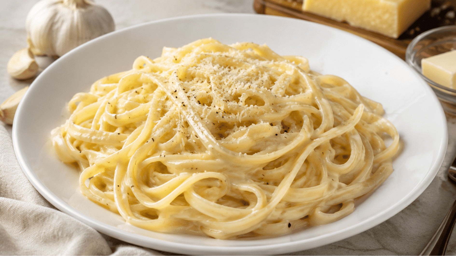 creamy garlic parmesan pasta in a white bowl topped with grated cheese and black pepper beside garlic