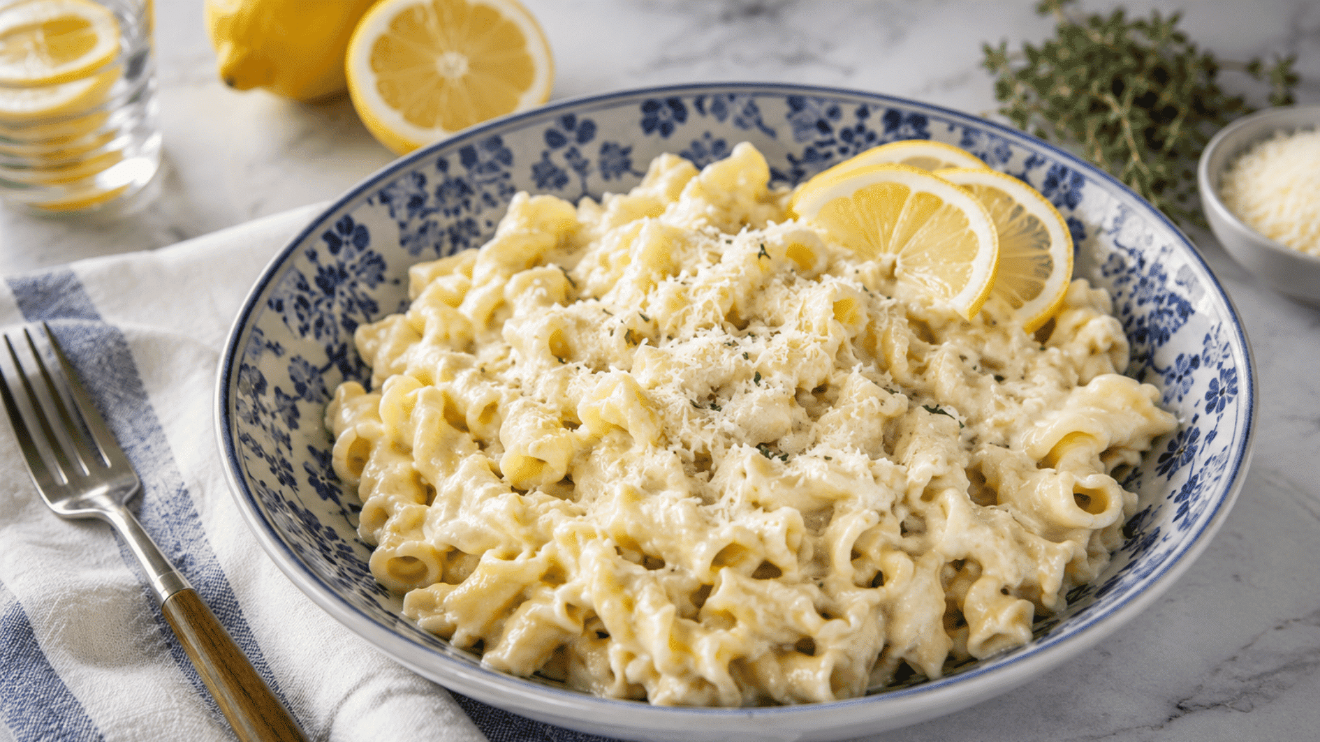 creamy lemon pasta covered with parmesan and lemon slices served in a blue floral bowl beside a fork