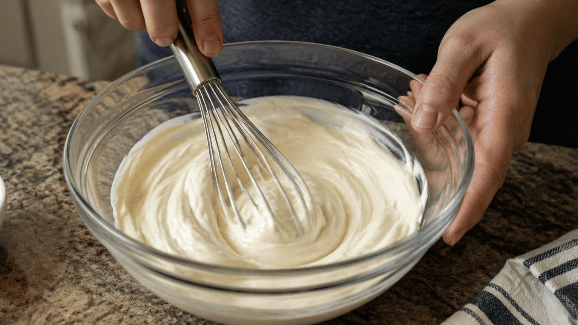 creamy mayonnaise being whisked in a glass bowl for homemade big mac sauce recipe