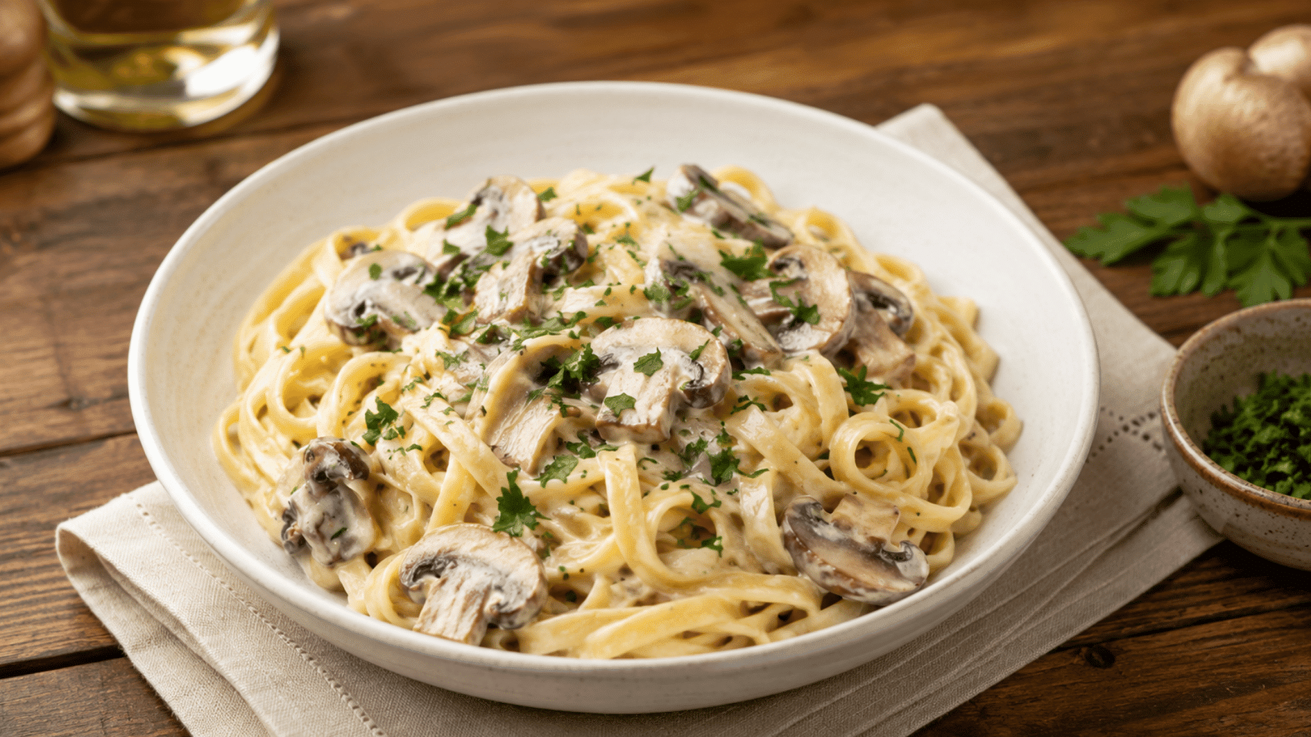 creamy mushroom fettuccine topped with parsley served in a white bowl on a brown rustic wooden table