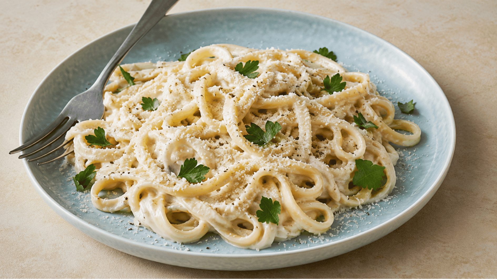 creamy parmesan pasta topped with parsley and black pepper served on a blue plate with a fork nearby