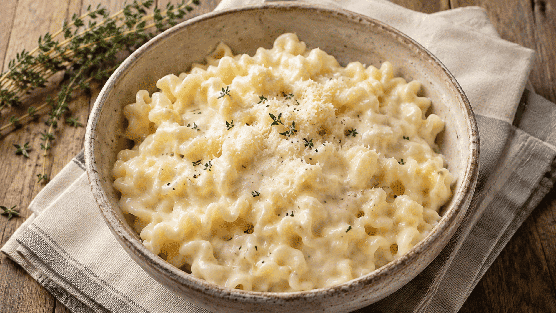 creamy pasta topped with grated cheese and thyme in a rustic bowl on a wooden table setting