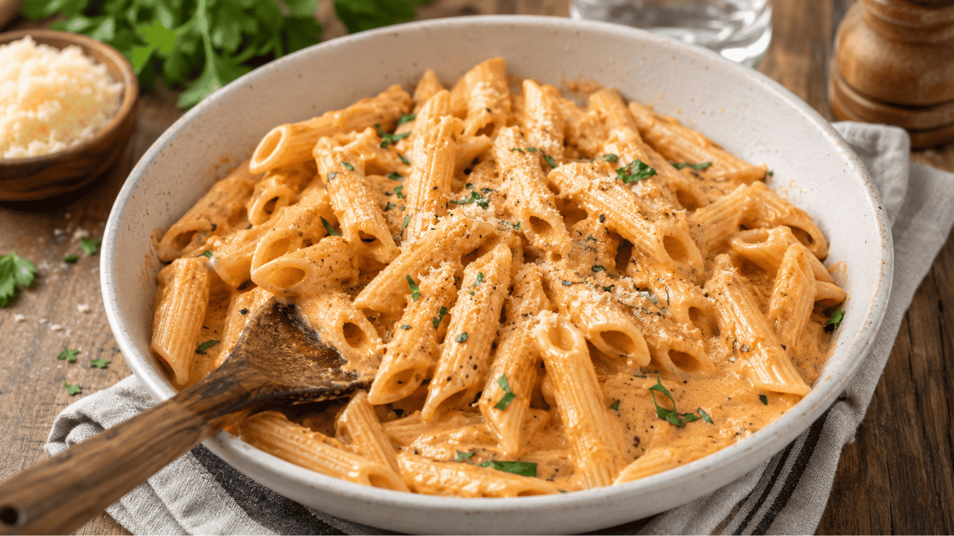 creamy penne pasta in tomato cream sauce topped with parmesan parsley and pepper in a big white bowl