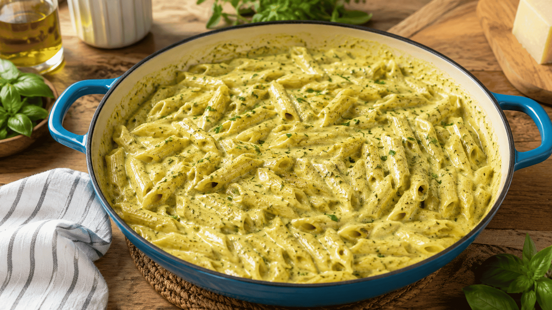 creamy penne pasta in tomato sauce topped with parmesan parsley and black pepper in a big white bowl