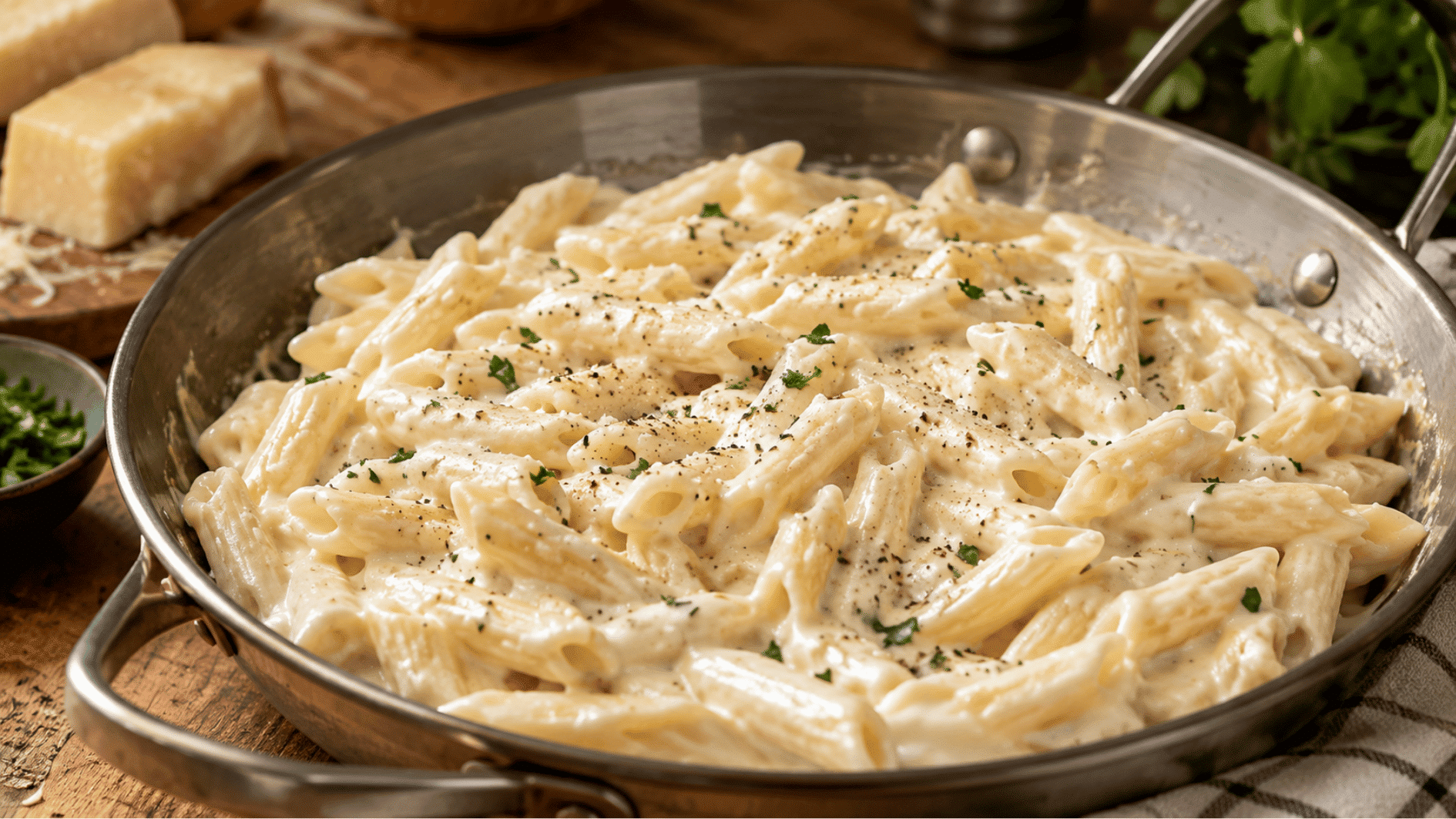 creamy penne pasta in white cheese sauce topped with parsley and black pepper in stainless steel pan