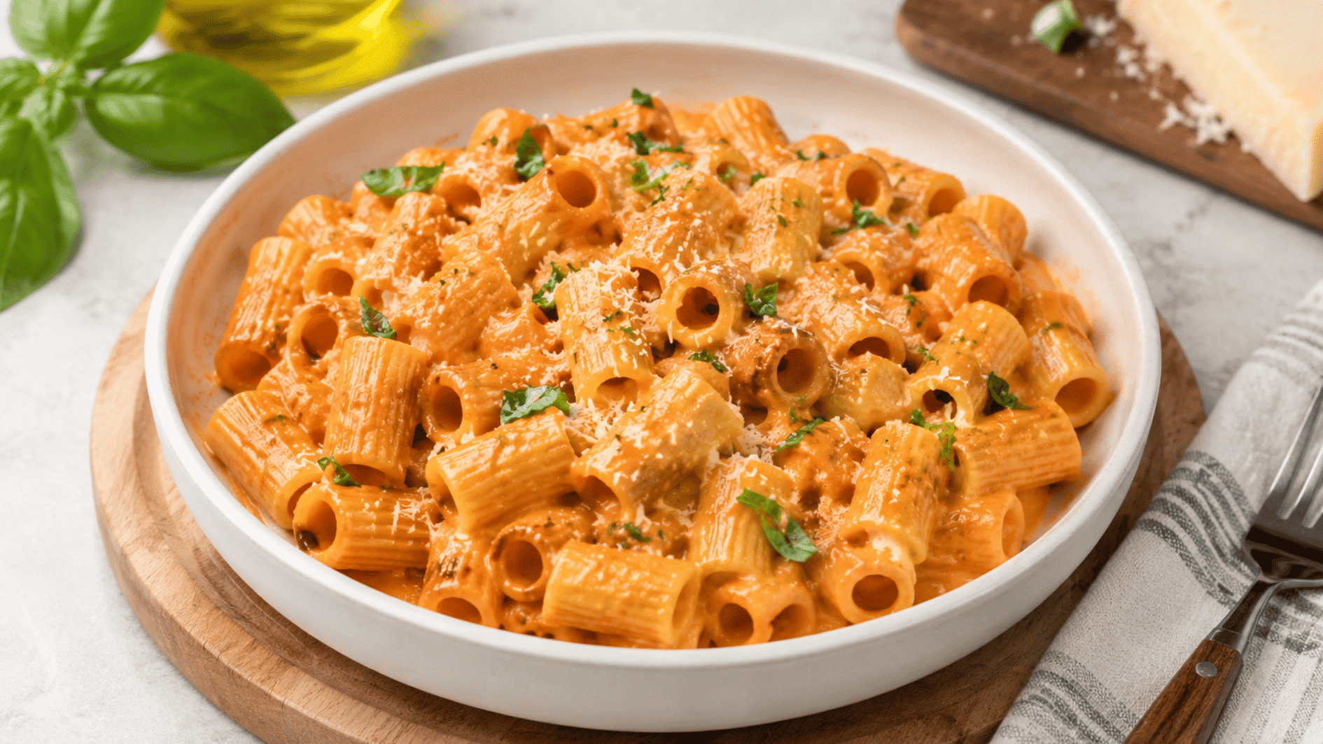 creamy rigatoni pasta in tomato sauce topped with parmesan and basil in a white bowl on wooden board