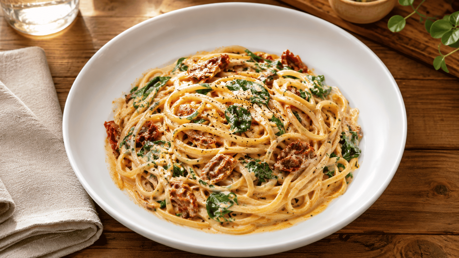 creamy spaghetti with sun dried tomatoes spinach and black pepper served in a large white pasta bowl