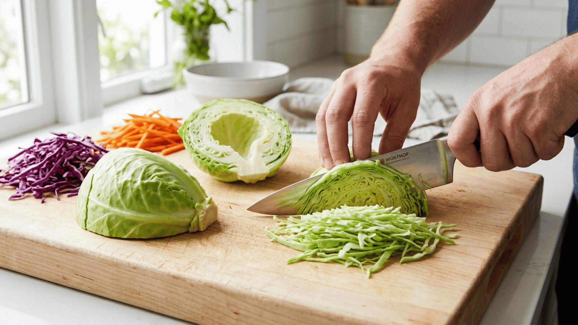 even green cabbage ribbons being sliced with a chef’s knife on a wooden board beside fresh vegetables
