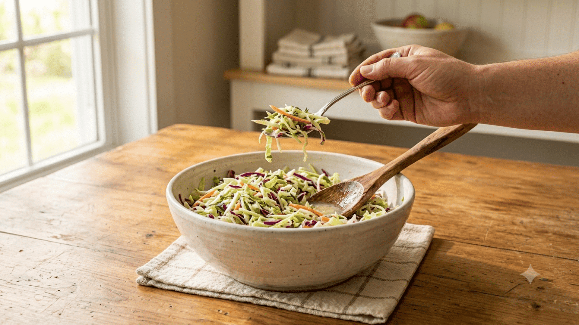 finished creamy coleslaw tasted with a spoon beside seasonings for small final flavor adjustments